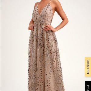 LULUS TAUPE GLITTER SEQUIN MAXI DRESS